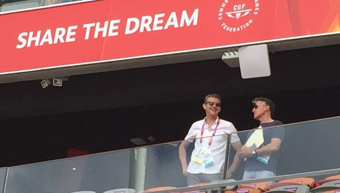 Sharing the dream: England middle distance running champions Steve Cram and Seb Coe survey the scene at Carrara Stadium on the Gold Coast ahead of the 2022 event in their home country. Picture: Rob Shaw