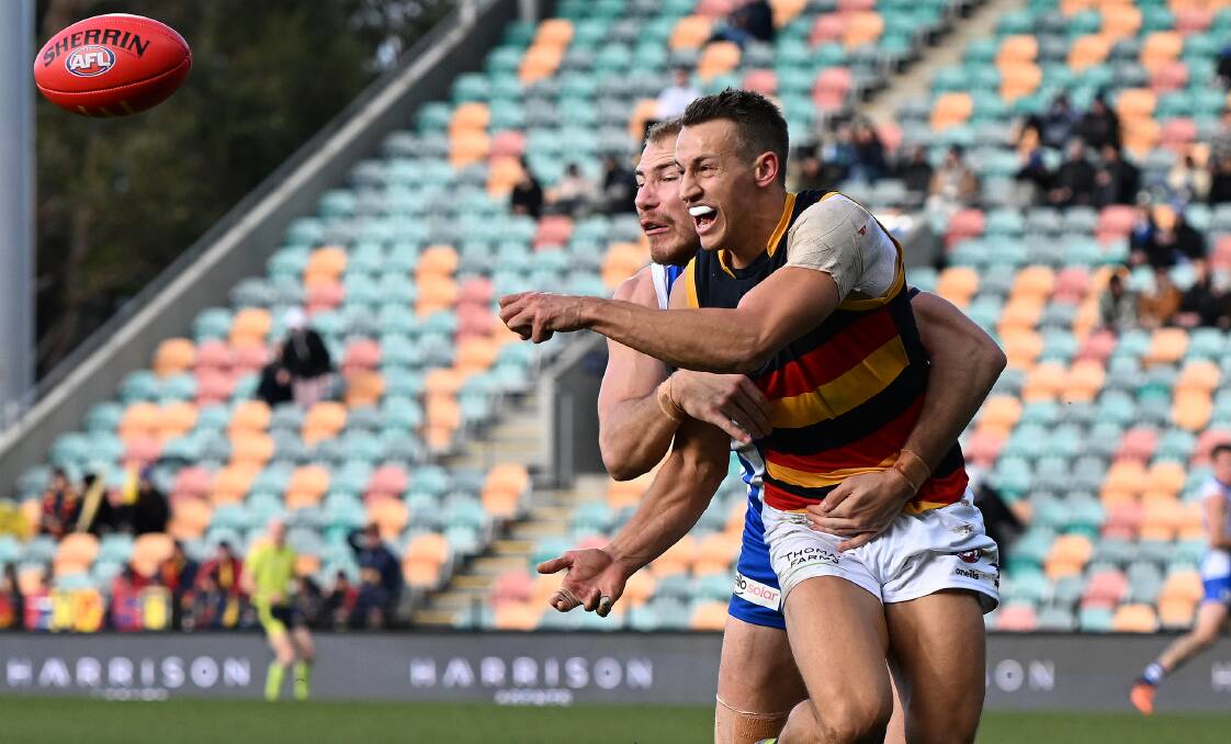 EMPTY PROMISES: Unfilled seats dominate the backdrop as Adelaide's Tom Doedee handballs during Sunday's AFL match against North Melbourne at Bellerive Oval. Picture: Getty Images