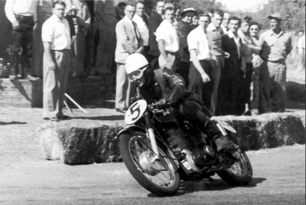 Looking ahead: Sam Hughes, pictured at Longford in 1957, is hoping many former riders and officials will join him at Symmons Plains to welcome the return of a state championship series. Picture supplied by Sam Hughes.