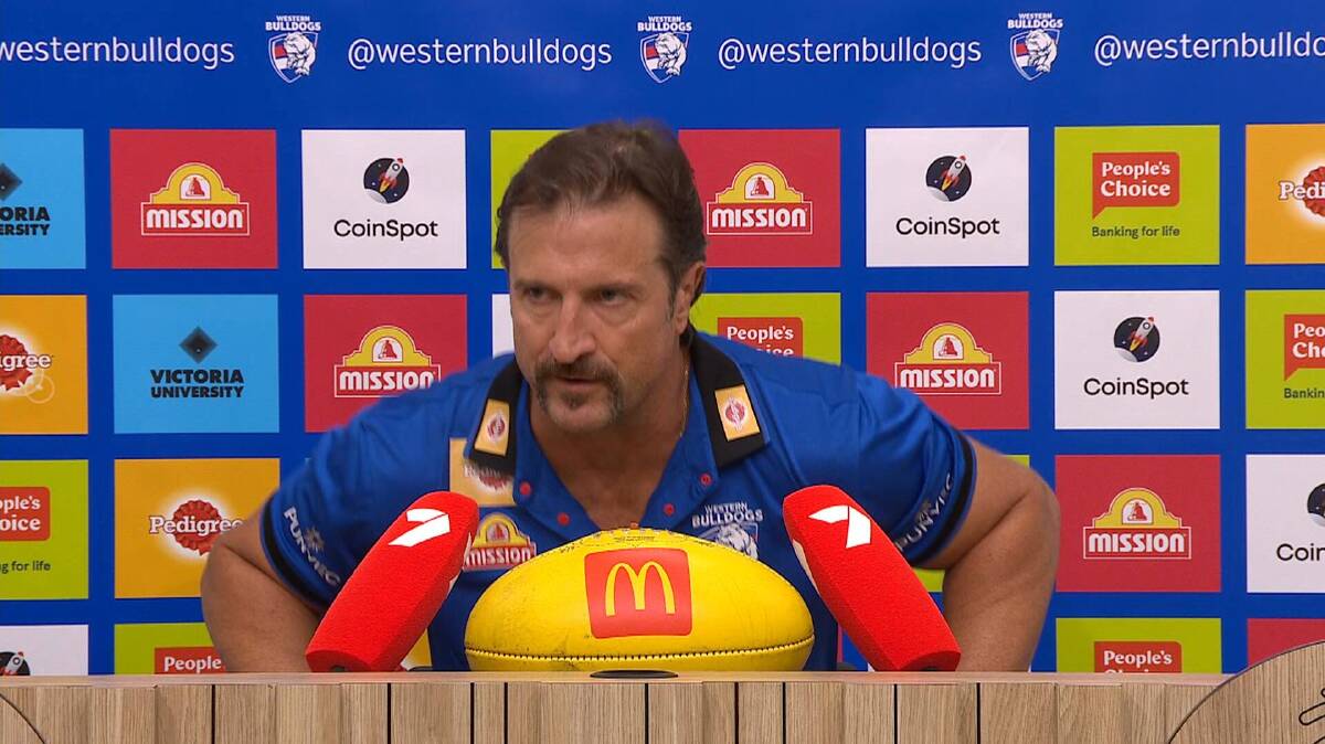 A TACHE TOO MUCH: Western Bulldogs coach Luke Beveridge prepares to walk out of his post-match press conference this week. Picture: Twitter