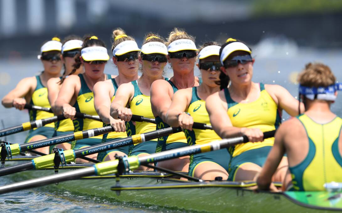 Eight to the party: Sarah Hawe (centre) competing in Australia's women's eight at the Sea Forest Waterway in Tokyo. Picture: Reuters