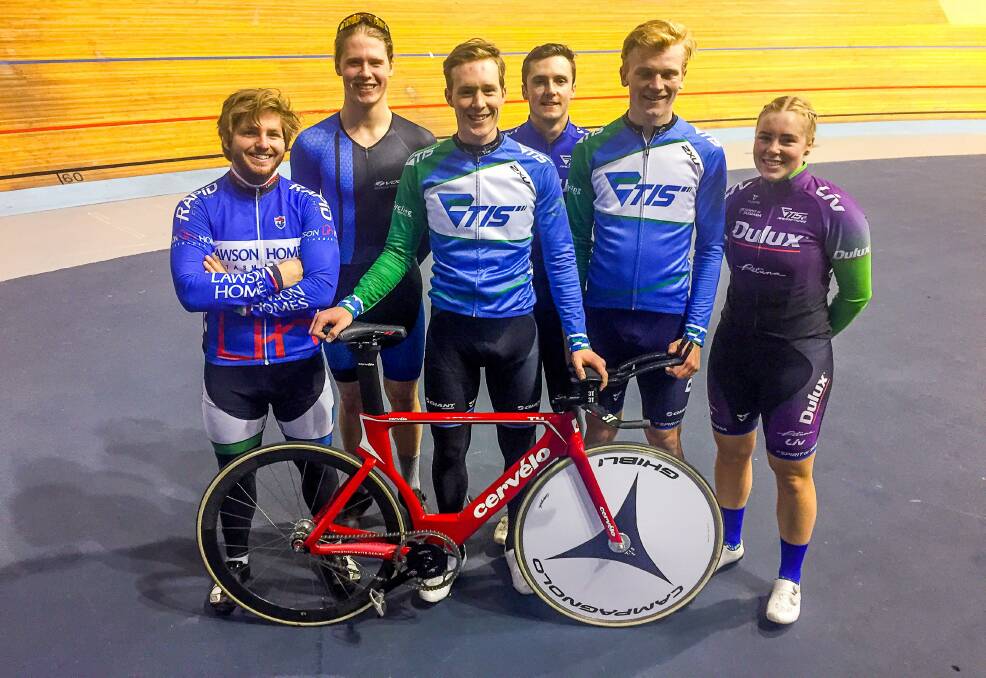 Tasmanian track cyclists Ryan Lawson, Tristan Aylett, Zack Gilmore, Michael Astell, Josh Duffy and Lauren Perry at the Silverdome. Picture: Rob Shaw