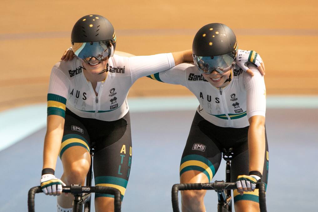 Double up: Macey Stewart and Georgia Baker celebrate their madison win. Picture: Kevin Anderson/Chameleon Photography