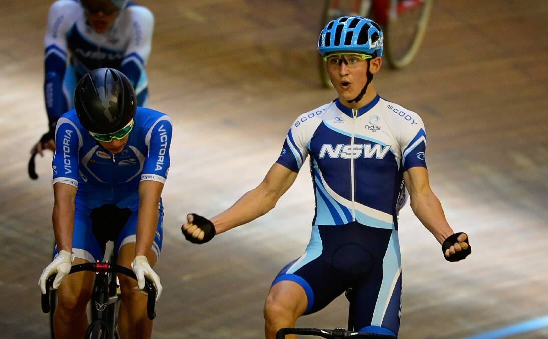 Mitchell Wright, of NSW, tastes victory at the Australian Junior Track Championships at the Silverdome in February 2016. Picture: Phillip Biggs