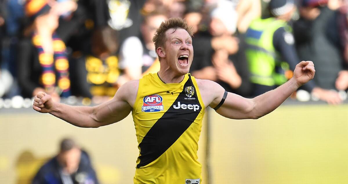 Jack Riewoldt celebrates one of his two goals in the AFL Grand Final.