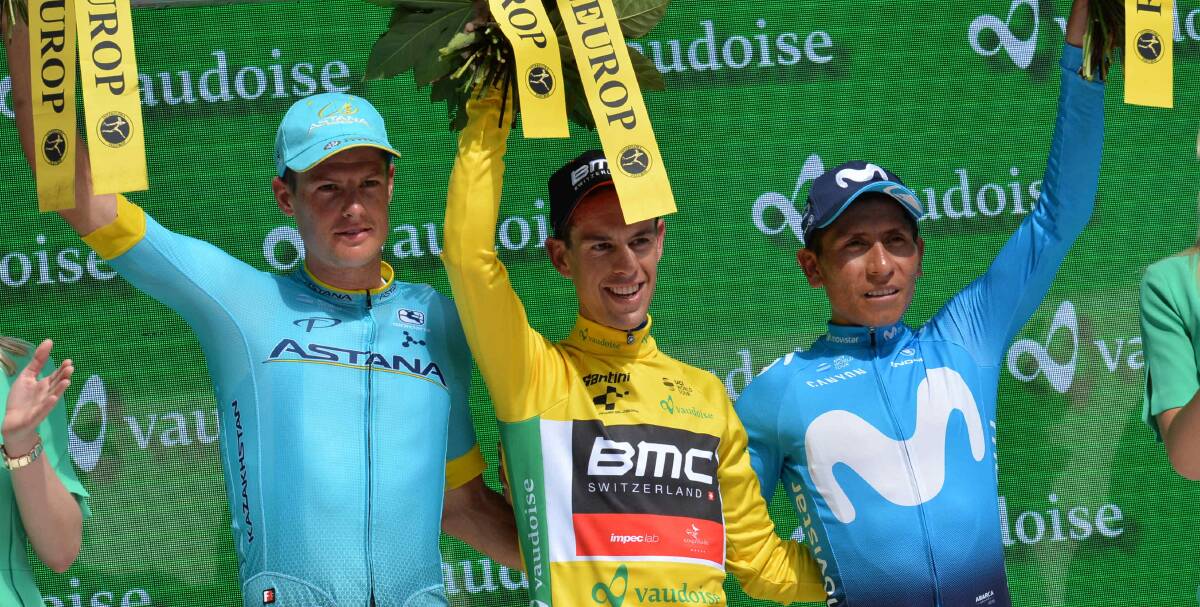 Top notch: Richie Porte shares the podium with Jacob Fuglsang and Nairo Quintana after winning the Tour de Suisse. Picture: Stefano Sirotti