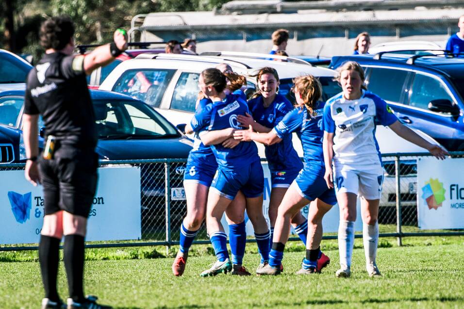 REF JUSTICE: Launceston United celebrate a goal and victory against Olympia. Picture: Kaleb Clark