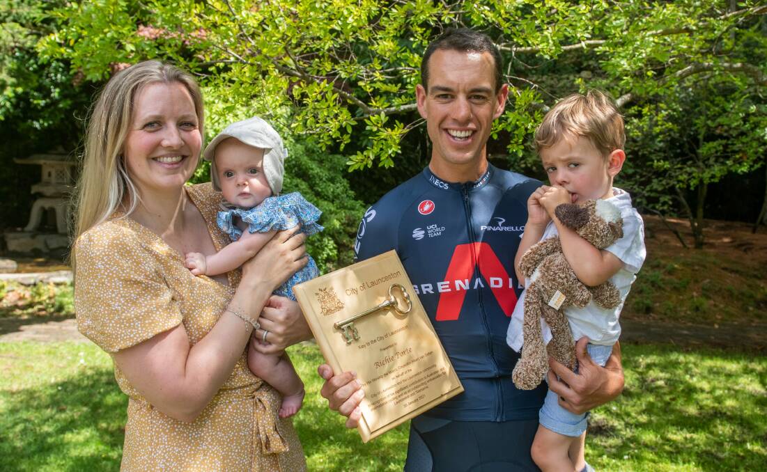 Richie Porte with his wife Gemma, daughter Eloise and son Luca when presented with a key to the city in Launceston in January. Picture: Paul Scambler 