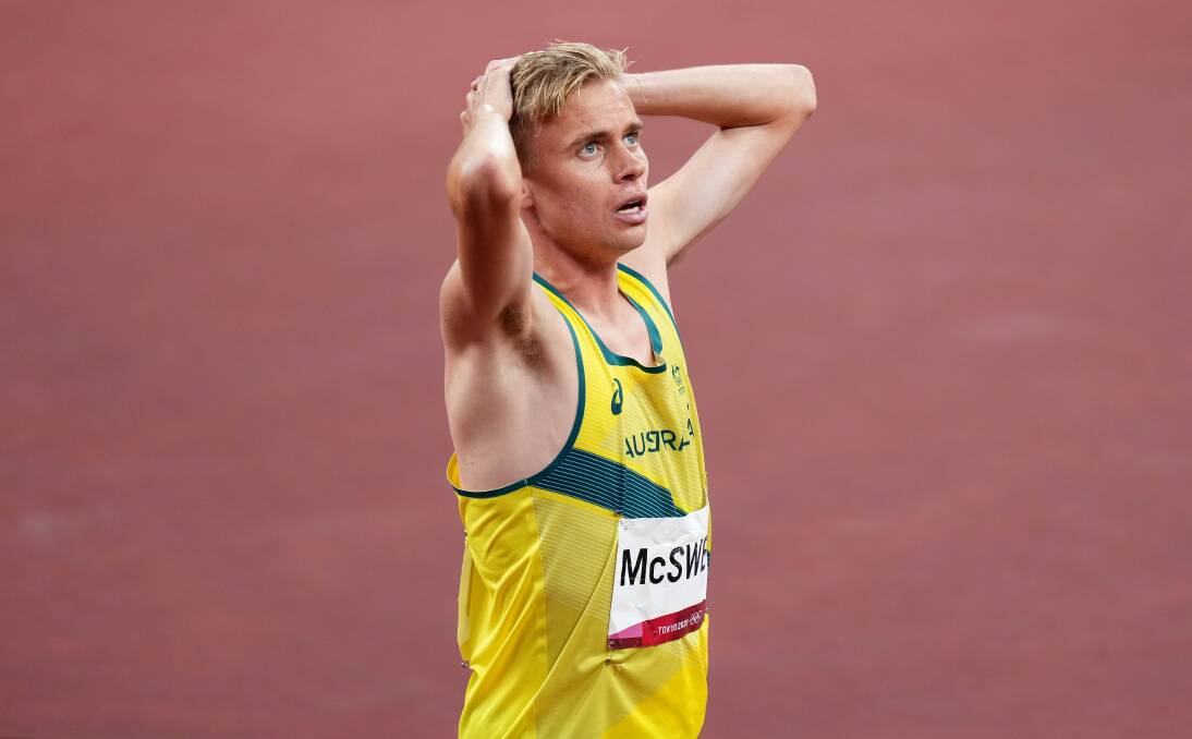 QUICK REFLEX: Stewart McSweyn looks at the time after competing in the fastest 1500 metres in Olympic history. Pictures: AAP