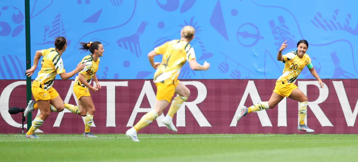 Role model: Sam Kerr celebrates scoring at the FIFA women's World Cup. Picture: EPA