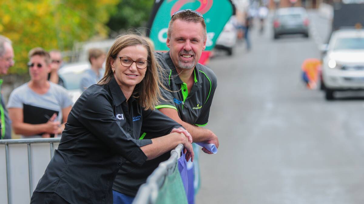 President of the Oceania Cycling Federation Tracey Gaudry and Cycling Tasmania executive officer Collin Burns at the Oceania Road Cycling Championships. Picture: Paul Scambler