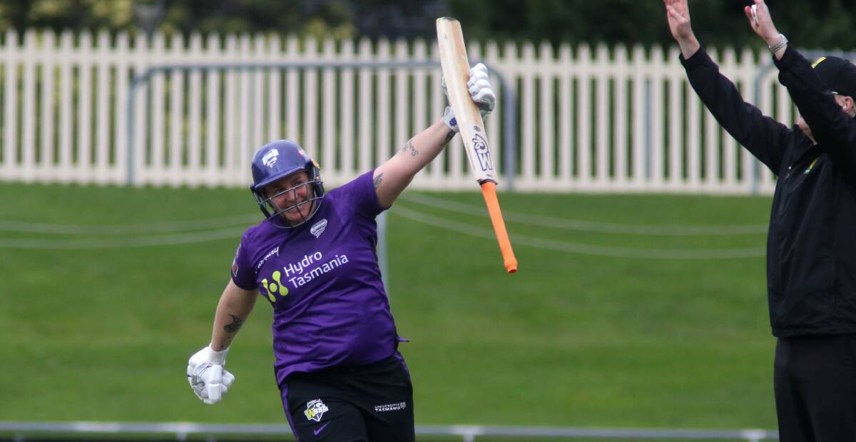 Captain's knock: Rachel Priest celebrates bringing up the Hurricanes' first WBBL century with a six. Pictures: Rick Smith