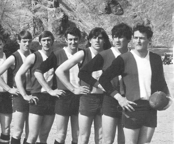 Alec Neitz (second from left) in the 1971 Rosebery WTFA premiership side and (left) Hec Smith Medallist Peter Webb.