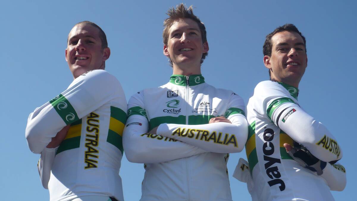 What a state: Sulzberger (centre) with fellow Tasmanians Matt Goss and Richie Porte at the 2010 cycling world championships in Geelong. Picture: Rob Shaw