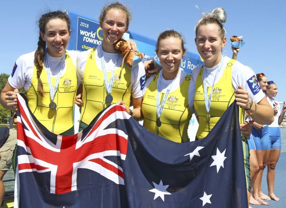 Australia's women's four crew of Molly Goodman, Sarah Hawe, Katrina Werry and Lucy Stephan in Bulgaria. Picture: Rowing Australia