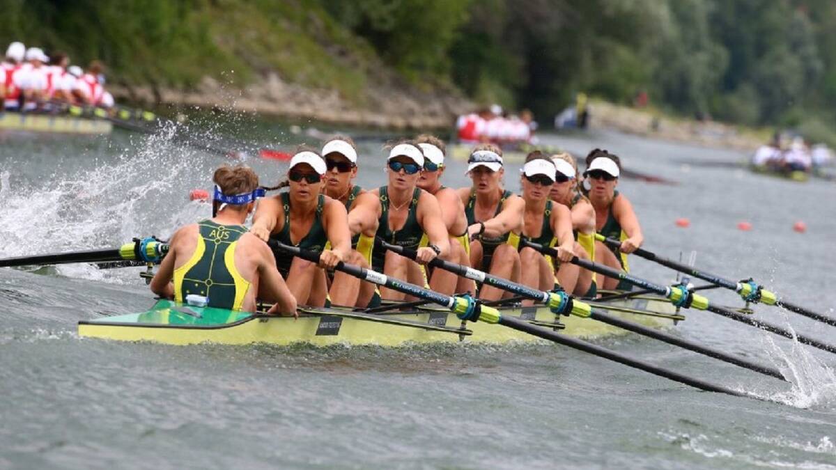 Pieces of eight: Ciona Wilson and her Australian women's eight crewmates competing at the world cup in Linz, Austria. Picture: Rowing Australia