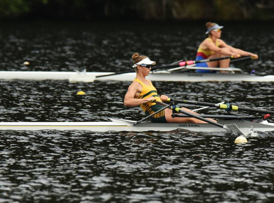 Single minded: Sarah Hawe (right) and Meaghan Volker competing in the single sculls at the 2015 Tasmanian Rowing Championships at Lake Barrington.