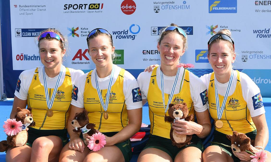 Green and gold: Sarah Hawe (second from right) celebrates a 2019 women's four world title in Austria with Katrina Werry (Victoria), Olympia Aldersey (South Australia) and Lucy Stephan (Victoria). Picture: Rowing Australia