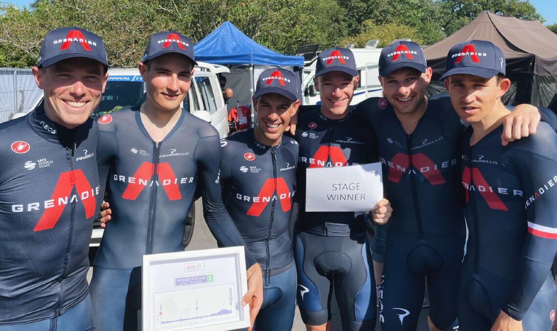 Cap that: Richie Porte (third from left) and his INEOS teammates after winning the team time trial. Picture: Twitter