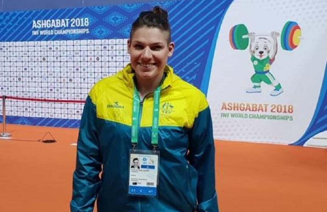 Going into 'bat: Tasmanian Kaity Fassina at the weightlifting world championships in Ashgabat, Turkmenistan. Picture: Facebook