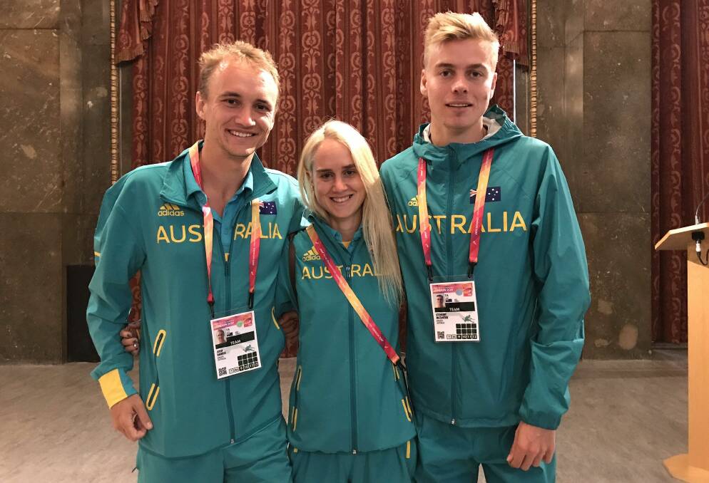 Tasmanian representatives Josh Harris, Milly Clark and Stewart McSweyn at the 2017 athletics world championships in London.