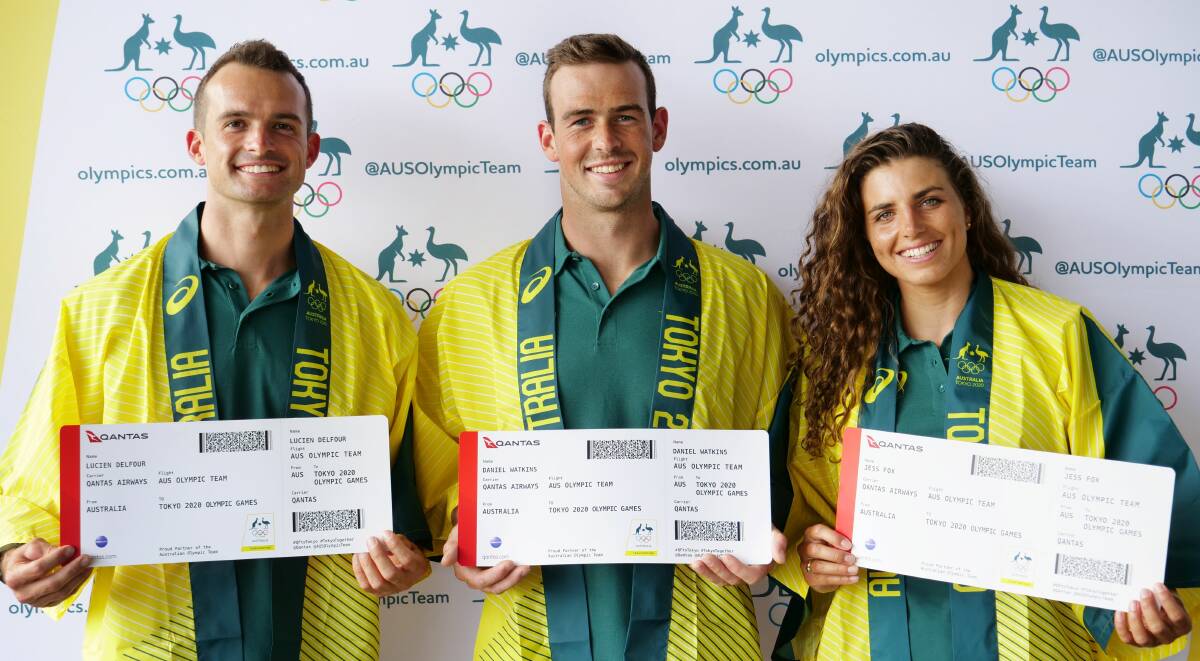 Australian paddlers Lucien Delfour, Daniel Watkins and Jessica Fox with their tickets to Tokyo. Picture: Australian Olympic Committee