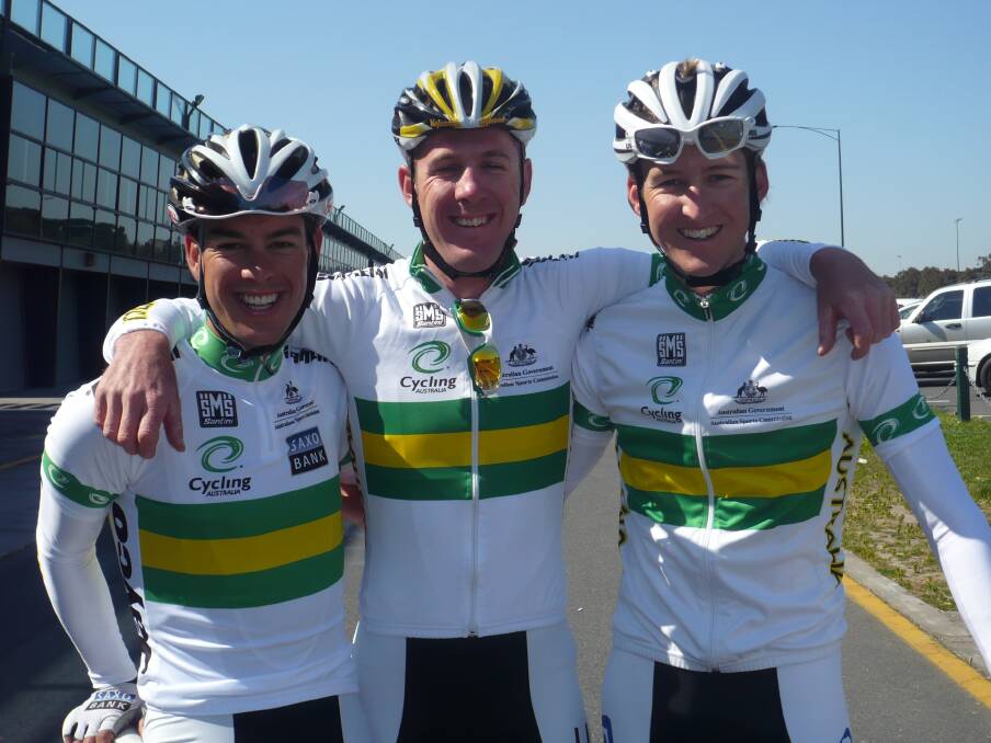 Big island: Goss (centre) with fellow Tasmanians Richie Porte and Wes Sulzberger representing Australia at the 2010 road world championships in Victoria. Picture: Rob Shaw