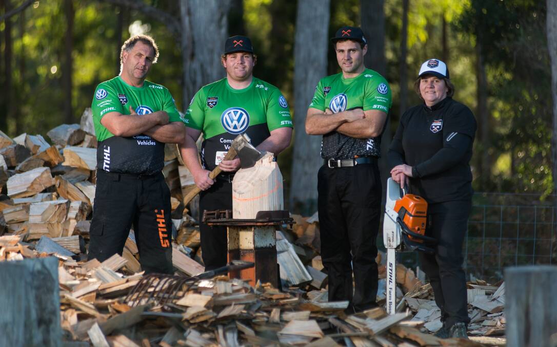 GOT WOOD: Husband Dale, sons Daniel and Zack and wife Amanda Beams have continued the legacy of Tasmanian timbersports families on the national stage. Picture: Phillip Biggs