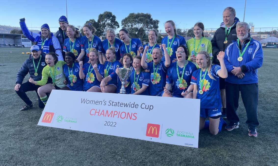 BLUE SKIES AHEAD: Launceston United celebrate their Women's Statewide Cup success. Picture: Rob Shaw