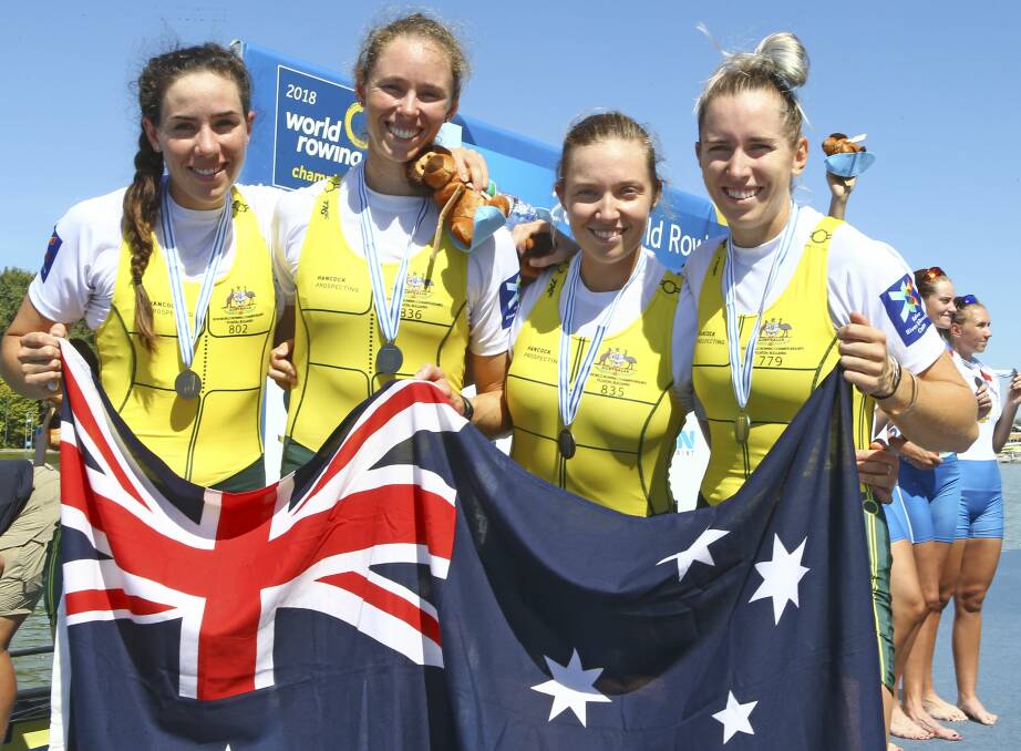 The Australian women's four crew of Lucy Stephan (VIC), Sarah Hawe (Tas), Katrina Werry (VIC) and Molly Goodman (SA) at the 2018 world championships in Plovdiv, Bulgaria. Picture: Rowing Australia