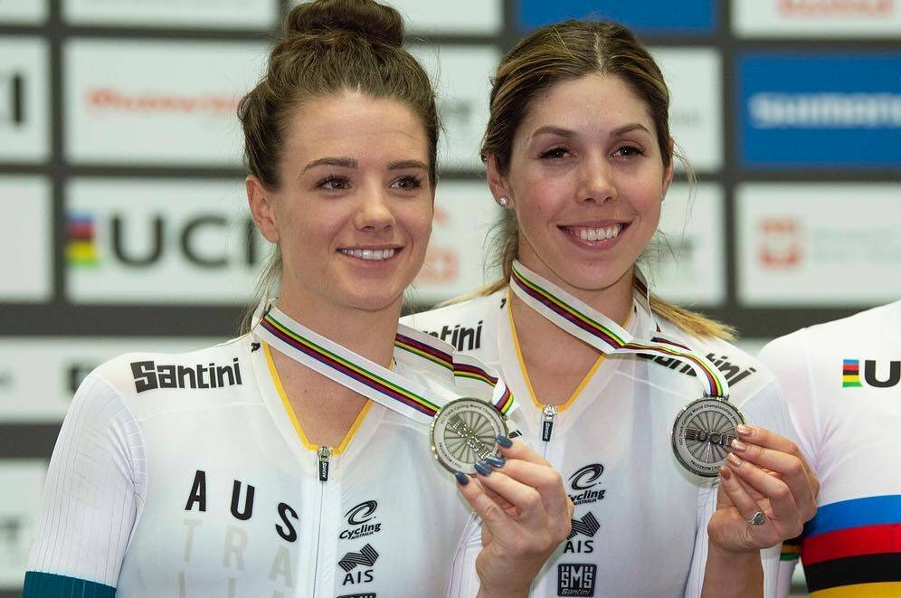 Market leaders: Tasmania's best female cyclists Amy Cure and Georgia Baker share a silver medal in the madison at the 2019 track world championships in Poland. Picture: Casey Gibson
