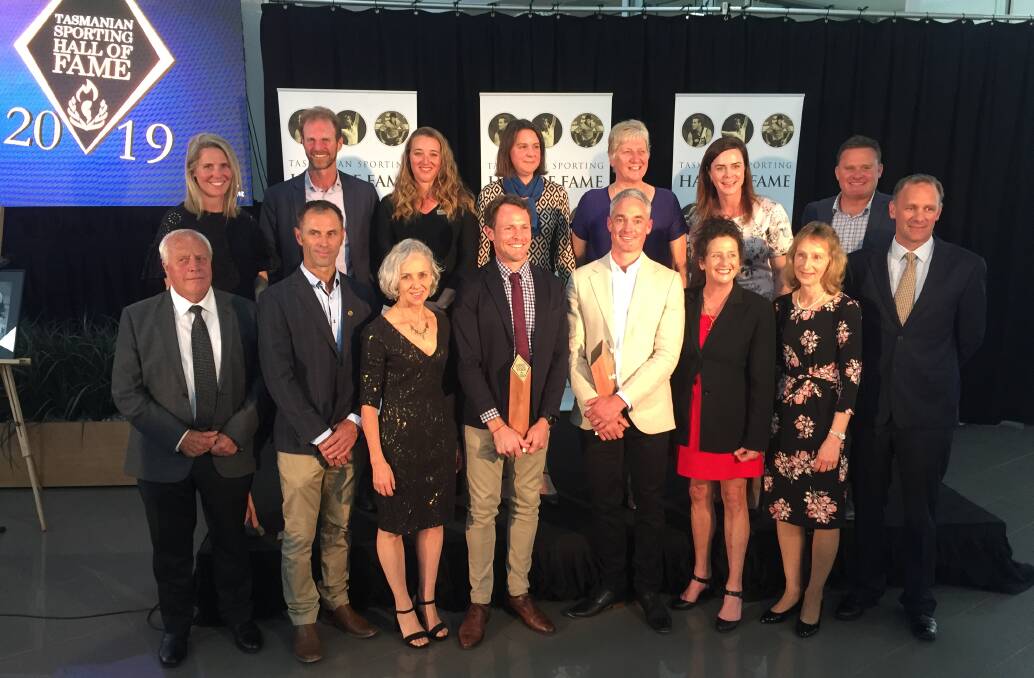 David Guest and Sam Beltz join fellow members of the Tasmanian Sports Hall of Fame. Picture: Rob Shaw