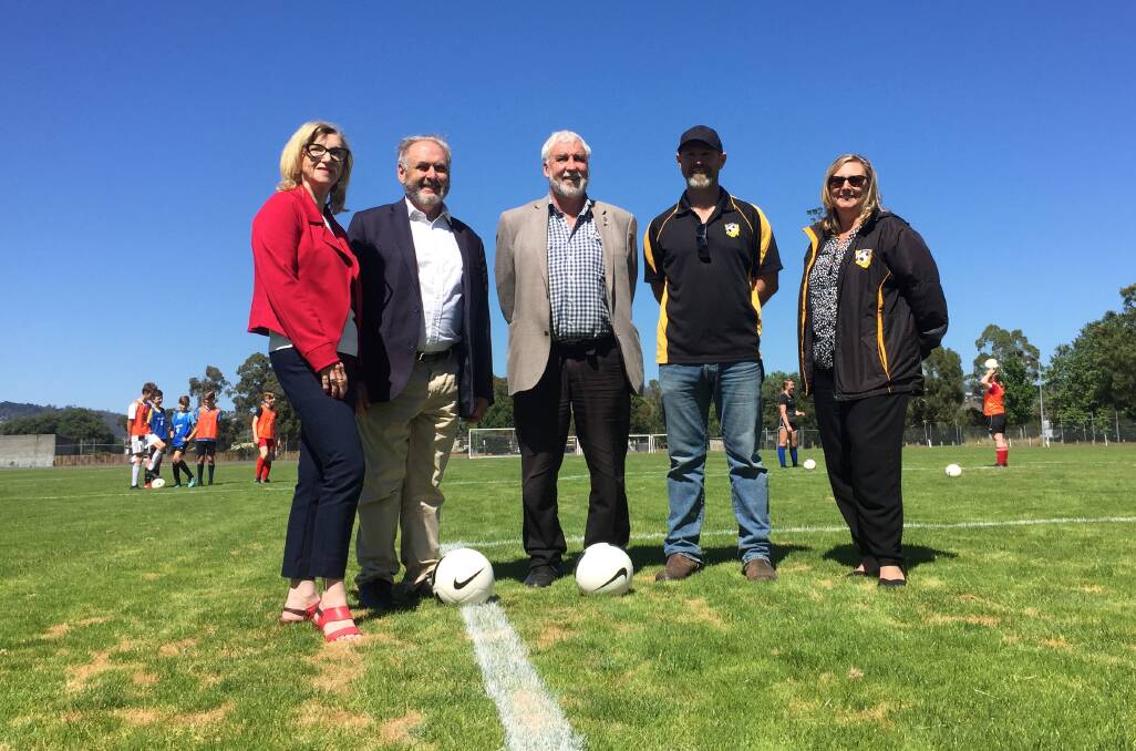 Labor Senator Helen Polley, Shadow Minister for Sport Don Farrell, Football Tasmania president Bob Gordon and the NTJSA's president Ben Radbone and Linnette Venn. 