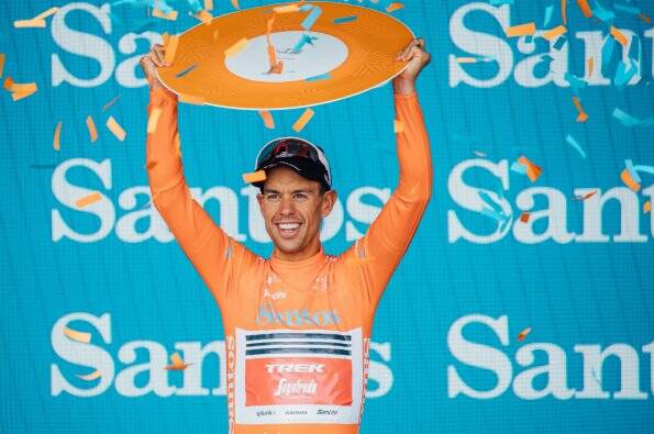 GOING UNDER: Richie Porte celebrates winning his second Tour Down Under title earlier this year.