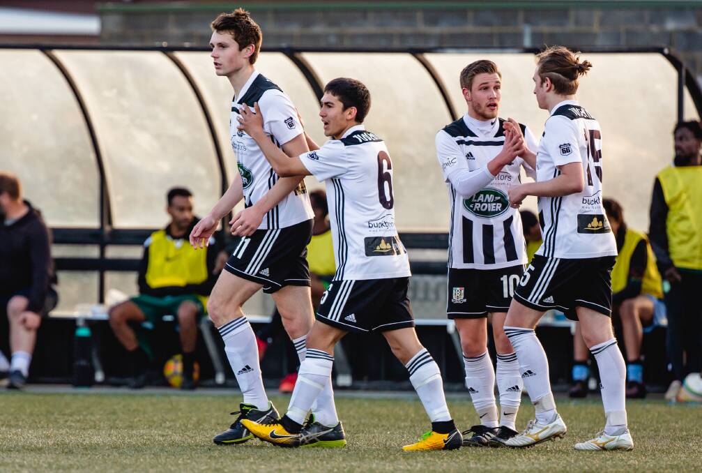 LOOK AT MIES: City players celebrate Noah Mies' goal against Hobart United. Picture: Solstice Digital