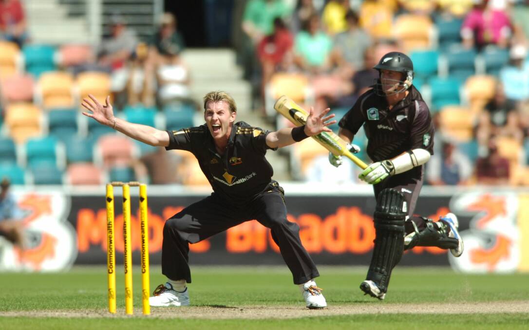 Black flagged: Australian bowler Brett Lee during an ODI against New Zealand at Bellerive Oval in 2007.
