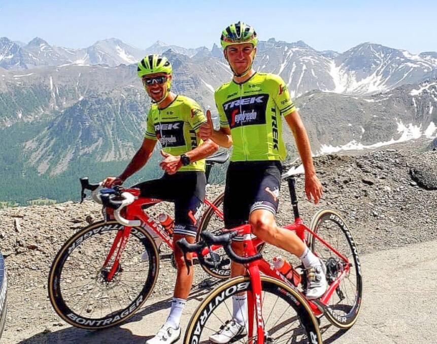 Peak performance: Richie Porte and teammate Giulio Ciccone on the Cime de la Bonette in France, the highest paved road in Europe. Picture: Twitter