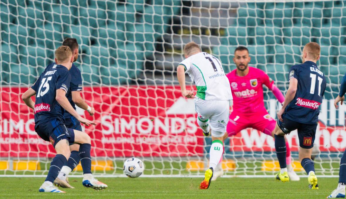 TAKE THAT: Connor Pain scores the only goal as Western United defeat Central Coast Mariners at UTAS Stadium. Picture: Phillip Biggs 