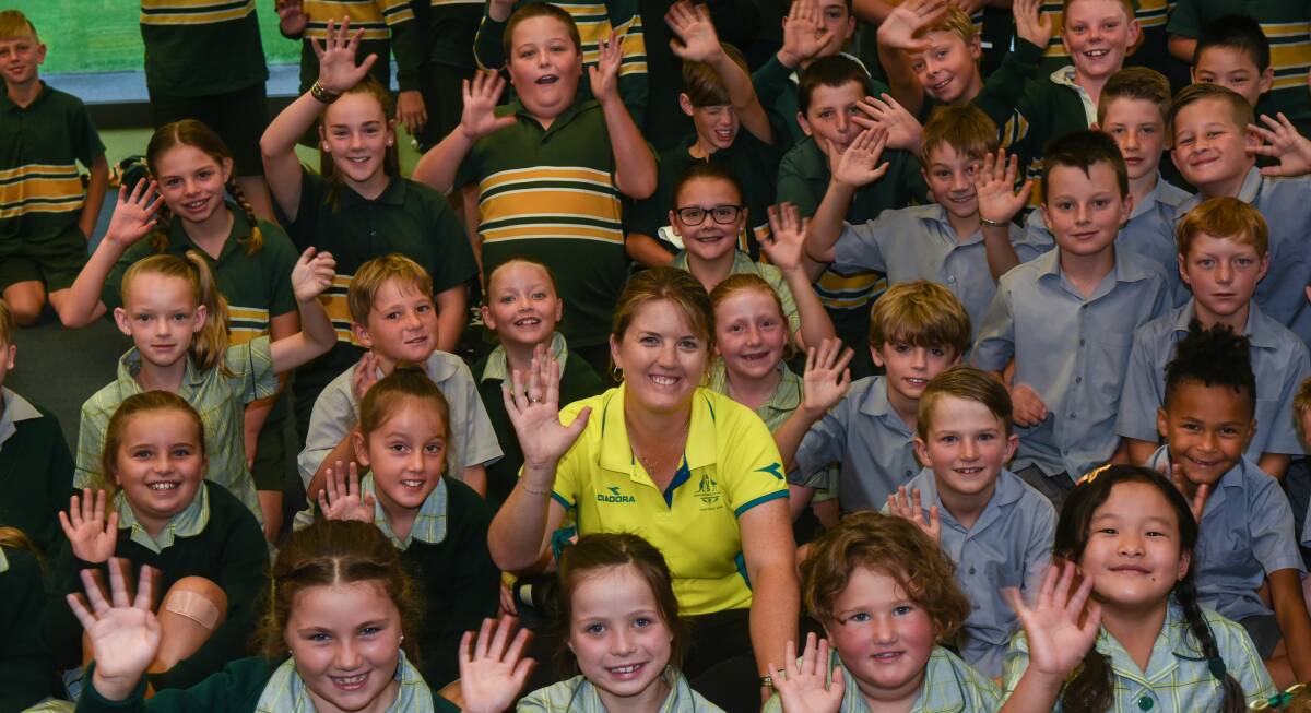 Back to school: Commonwealth Games representative Rebecca Van Asch visits her old school St Finn Barr's Catholic Primary, in Launceston. Picture: Neil Richardson.