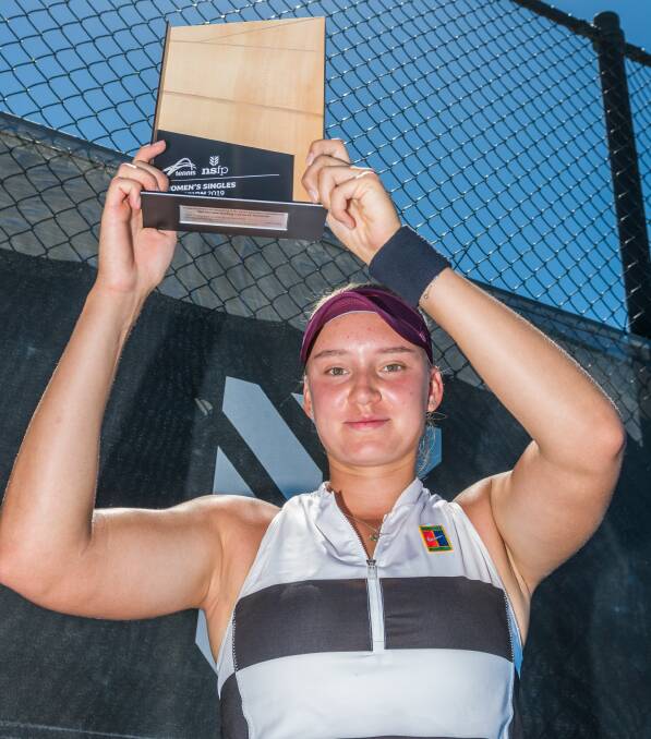 Aiming high: Launceston International women's winner Elena Rybakina celebrates with her trophy. Picture: Phillip Biggs