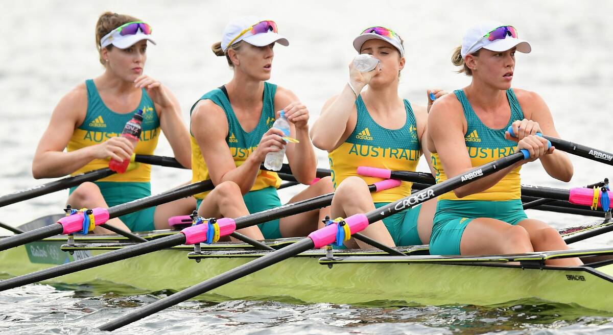 Thirsty work: Australia's women's quadruple sculls crew of Jessica Hall, Kerry Hore, Jennifer Cleary and Madeleine Edmunds training in Rio de Janeiro. Picture: Getty Images