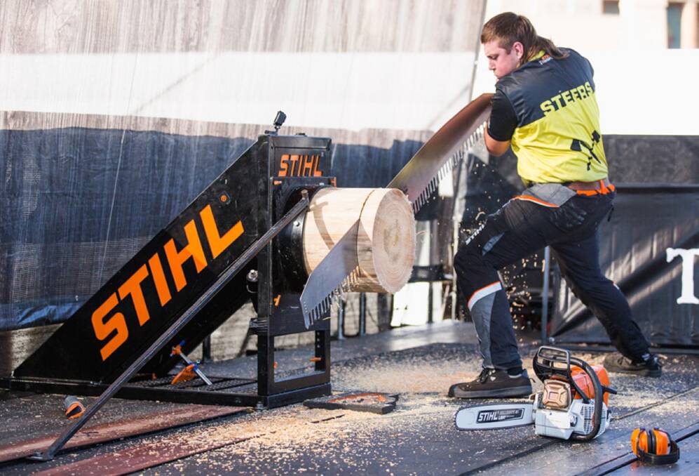 Cut above: Kody Steers, of Sheffield, shows his athleticism at the timbersports Australian Champions Trophy.