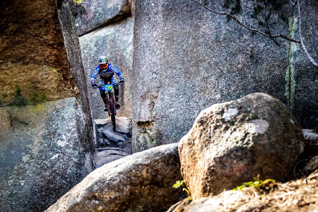 Rock star: Sven Martin gets acquainted with the chute on Blue Derby's Detonate stage. Picture: Enduro World Series