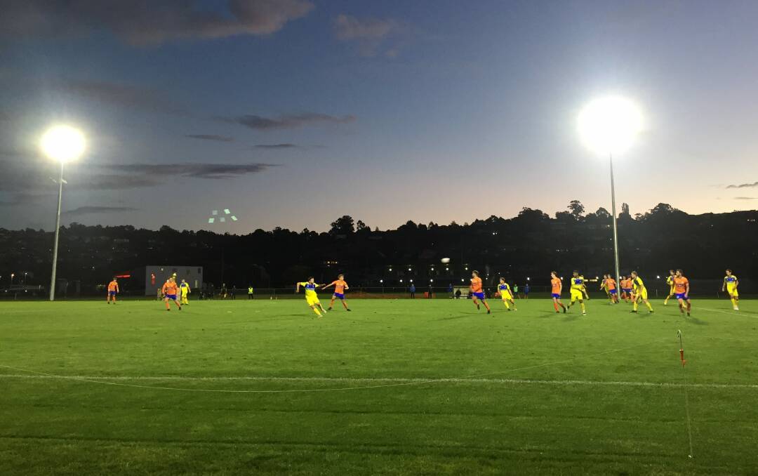 Let there be light: Riverside Olympic host the first NPL Tasmania match under lights at Windsor Park against Devonport in April. Picture: Rob Shaw