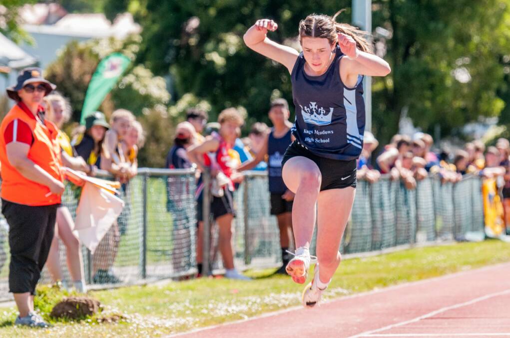 LEAP OF FAITH: Bonnie Talbot, of Kings Meadows High School, broke the girls' Grade 9 triple jump record with a leap of 10.51m at the Northern High Schools division one 1 athletics carnival at St Leonards on Wednesday. Picture: Phillip Biggs