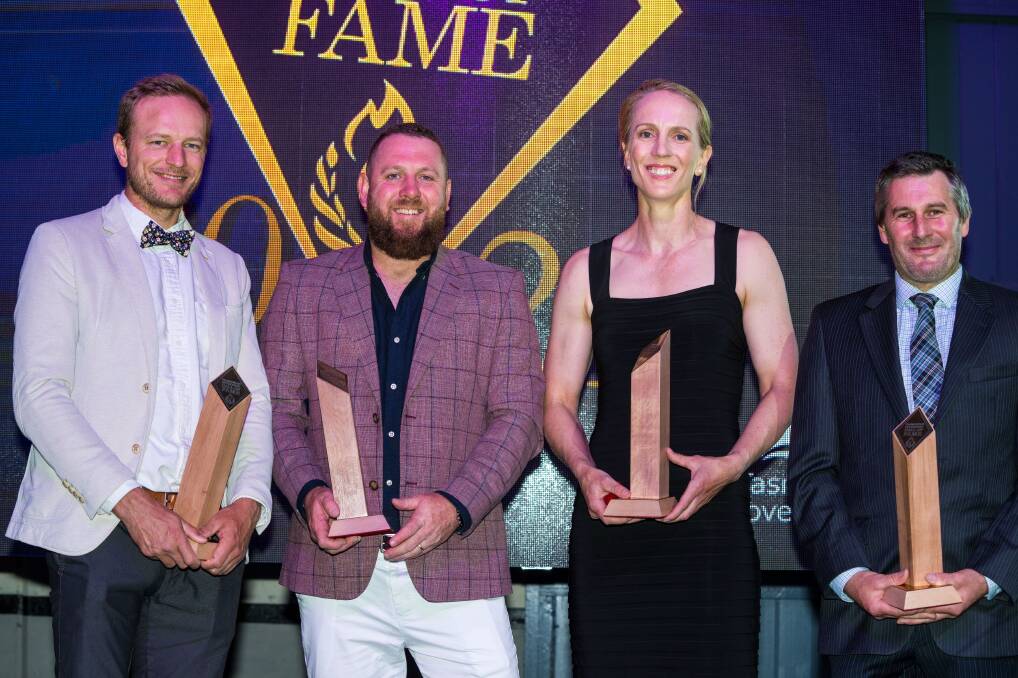 FAME GAME: Tasmanian Sporting Hall of Fame inductees Tim Deavin, Matthew Goss, Kerry Hore and Sid Taberlay. Picture: Alastair Bett