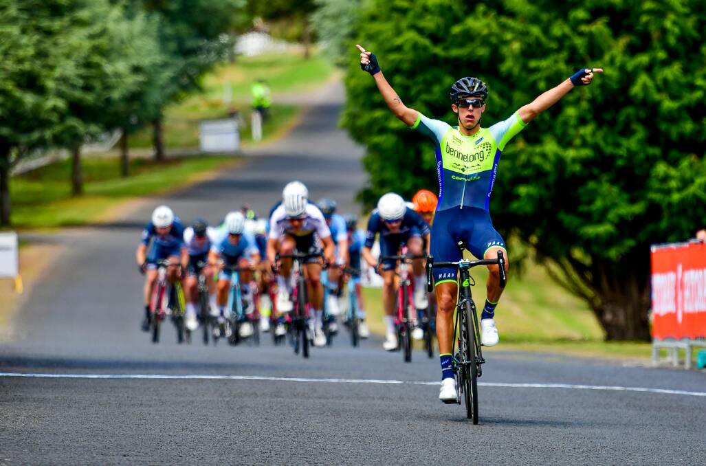 Peak performance: Dylan Sunderland of Bennelong SwissWellness Cycling Team wins the George Town to Grindelwald stage of the Tour of Tasmania in November. Picture: Scott Gelston 