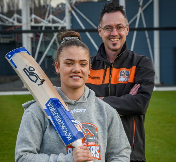 TAKING STRIKE: Greater Northern Raiders batter Emma Manix-Geeves with coach Darren Simmonds at the UTAS training nets. Picture: Paul Scambler