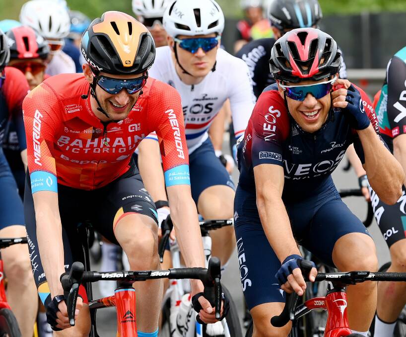 Laughing gear: Richie Porte shares a joke with former teammate Wout Poels during the Giro d'Italia. Picture: Twitter