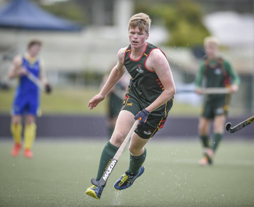 FULL FLIGHT: Tasmania's Oliver Pritchard in action at the under-18 hockey nationals at St Leonards. Picture: Craig George